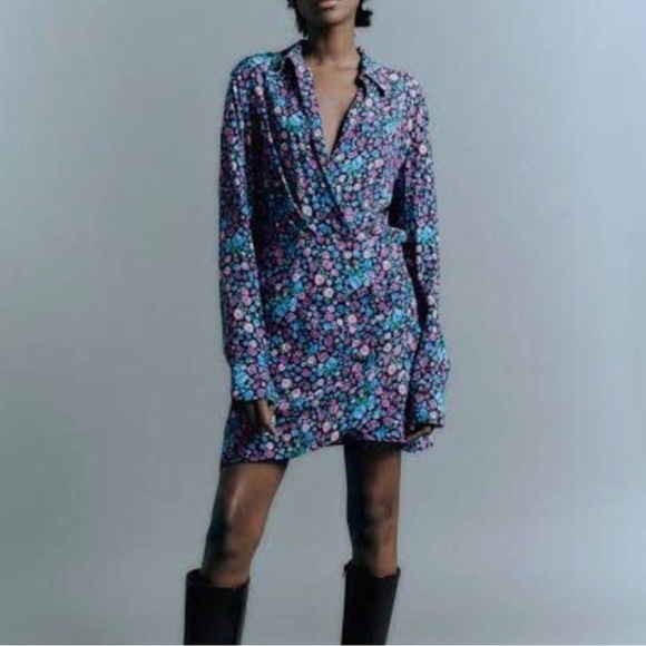 NWT Zara Floral Print V-Neck Satin Effect Wrap Mini Dress XS - Picture 1 of 6